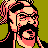 Pixelated static image of a bearded man with glasses and long hair against a solid green background, rendered in pink, black, and beige tones.