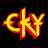 A pixelated static icon featuring a stylized 'cky' logo in fiery yellow and orange hues against a dark background with subtle green and blue accents.