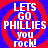 Four identical pixelated display 'LETS GO PHILLIES you rock!' text over red and blue spiral backgrounds