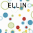Pixelated image with large black text 'ELLIN' centered above scattered colorful circles and partial rings on white background.