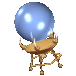 A blue crystal ball on a golden stand rotates through multiple angles against a gray background.