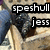 Pixelated image with two text overlays: 'speshull' in white on black background and 'jess' in white on black background, over a blurred figure in blue and beige tones.