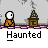 Animated contact sheet showing 12 frames of a pixel art buddy icon with orange stick figure, haunted house props, and ghostly transformations across multiple states.