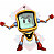 Pixelated character with square head, yellow border, blue torso, red limbs, and outstretched arms against white background.