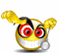 Yellow spherical character with red-and-white spiral eyes, black hair tuft, and silver spoon prop; show eye rotation from mismatched to aligned positions