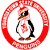 Pixelated penguin with black and white body, brown beak and feet, red circular border, and red cross on chest standing against white background