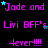 Pixelated text repeats 'Jade and Livi BFF's 4ever!!!' with cyan stars on black background, showing animation changes in star positions.