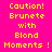 Pixelated text on a bright pink background with cyan and magenta color blocks, displaying 'Caution! Brunete with Blond Moments!' in yellow pixelated font.