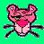 Pixelated cartoon character with pink body, black outlines, and red heart on chest against green checkered background.