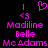 Pixelated pink text and symbols on black background, displaying 'Modiline Belle McAdams' with heart and arrow icons above.