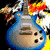 Pixelated image of a blue electric guitar with visible strings and knobs, set against a dark background with colorful blurred elements.