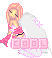 Pixelated angel figure with blonde hair and pink wings holds a pink 'COOL' sign, eyes closed, static pose.