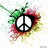 A peace symbol icon with green, red, and yellow splatter effects on a white background.