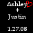 Two side-by-side text displays with 'Ashley + Justin' and date '1.27.08', one featuring a red heart symbol over Ashley's name.