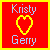 Red square with yellow border displays 'Kristy' and 'Gerry' text flanking a yellow heart symbol, next to giraffe head on white background.