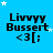 Blue background with repeated text "Livvy Bussert <3[;" and white stars, some stars animate in and out across frames.