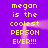 Yellow pixelated text on purple background reads 'megan is the coolest PERSON EVER!!!' with a pinkish-purple horizontal blur effect across the middle.