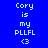 Blue background with white pixelated text reading 'Cory is my PLLFL <3' arranged in a , with light blue highlight bars shifting