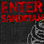 A 3x3 contact sheet of an animated AIM buddy icon featuring repeated red text and white phrases over a dark background with a faint skeletal figure, displaying sequential frame changes in the visible text.