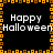 Black background with orange and brown square border, white text "Happy Halloween" repeated in four quadrants, pixelated font style.