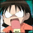 Pixelated anime-style character with dark hair and orange shirt, mouth open in exaggerated expression across four