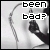 Pixelated grayscale image with text overlay reading 'been bad?' and a curved line on the left side.