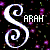 A static pixel art icon features a large white stylized 'S' with purple accents on a black background, alongside the text 'ARAH' in blocky white letters and scattered purple pixels.