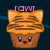 Pixel art of a cat-faced cupcake with orange fur stripes, pink cheeks, and the text 'rawr' above it on a dark background.
