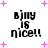 Pixelated text 'Bjmy is nice!!' in black with pink plus signs scattered on a white background, animated