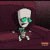Pixelated animated character with white mummy-wrapped head and green eyes, performing sequential movements on dark red theater seats.