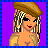 Pixel art contact sheet showing three frames of an animated icon featuring a cartoon woman with blonde hair, brown beret, and revealing outfit against purple background with text overlays.