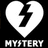 A pixelated heart split vertically with a black lightning bolt inside, below which is the word 'MYSTERY' in blocky pixelated letters on a black background.