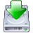 Green downward arrow icon over a light gray disk drive with white circular detail and small green indicator light.