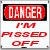 A four- of pixelated warning signs with red and black text on white backgrounds, showing variations in visible content