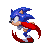 Pixelated Sonic the Hedgehog character in four running poses with red motion trails on gray background.