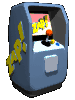 A blue arcade machine with yellow "ZAP!" text on its side, featuring a screen displaying different colored backgrounds and the word "ZAP!" in various styles.