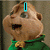 Animated sequence of a cartoon chipmunk character in green clothing with yellow accents, showing facial expressions and text overlays.