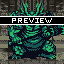 Pixel art of a green and dark blue armored figure with glowing eyes, standing in front of a stone wall background beneath a black banner reading PREVIEW.