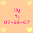 Pixelated peach background with yellow hearts and pink text repeating 'ily tj' and '07-24-07' in a pattern