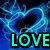 Pixelated blue and cyan heart-shaped animation with glowing outline and black interior, overlaid with large cyan 'LOVE' text on dark blue background.