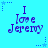 Pixelated text "I love Jeremy" repeated six times on a cyan background with blue star and dot accents.