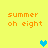Yellow background with orange text 'summer oh eight' and pixelated hearts in blue and cyan positions.