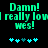 Green pixelated text 'Damn! I really lovel wies!' on black background with cyan star-like symbols below, two identical frames side-by-side.