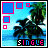 Animated contact sheet of a pixel art buddy icon showing six frames with changing blue and white squares over a tropical beach scene featuring palm trees, ocean, and the word 'SINGLE' at the bottom.