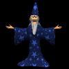 Animated wizard figure in blue star-patterned robe with raised arms in six sequential poses against black background.