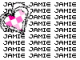 A pink and white checkered heart with a black outline inside a black circular border, surrounded by repeated 'JAMIE' text in black on white background.