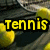 Yellow tennis balls and a racket on a dark court with "Tennis" text in yellow block letters, repeated across four
