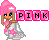 Pixel art contact sheet showing two frames of an animated buddy icon featuring a pink-haired doll holding 'PINK' text blocks with visible animation changes in the lettering and character pose.
