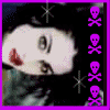 identical animated frames showing a person with dark hair, red lips, and purple skull symbols on the right edge