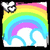 Pixelated rainbow with white clouds and a small white cartoon face in the top-left corner; one frame displays red text over the rainbow.
